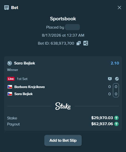 Bet slip: Barbora Krejcikova - Sara Bejlek, $30,000.00 stake at 2.10 odds, placed by piropiro12