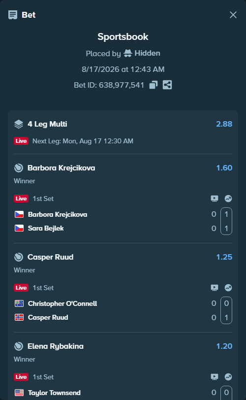 Bet slip: Barbora Krejcikova - Sara Bejlek, $31,359.00 stake at 1.60 odds, placed by Hidden