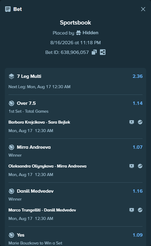 Bet slip: Barbora Krejcikova - Sara Bejlek, $75,075.00 stake at 1.14 odds, placed by Hidden