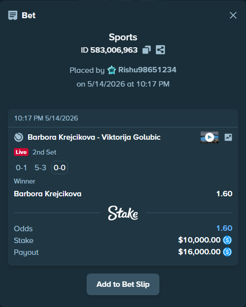 Bet slip: Barbora Krejcikova - Viktorija Golubic, $10,000.00 stake at 1.60 odds, placed by Rishu98651234