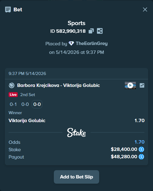 Bet slip: Barbora Krejcikova - Viktorija Golubic, $28,400.00 stake at 1.70 odds, placed by TheEarlinGrey