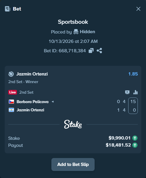 Bet slip: Barbora Palicova - Jazmin Ortenzi, $10,000.00 stake at 1.85 odds, placed by WinTr10