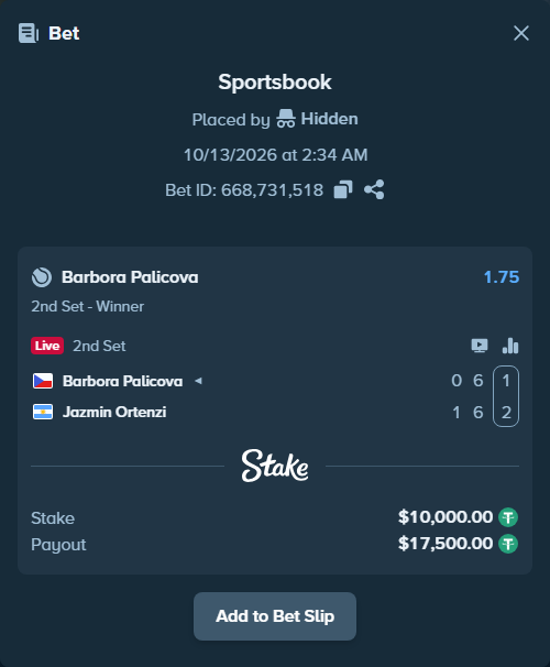 Bet slip: Barbora Palicova - Jazmin Ortenzi, $10,010.00 stake at 1.75 odds, placed by Hidden