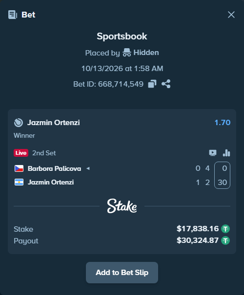 Bet slip: Barbora Palicova - Jazmin Ortenzi, $17,856.00 stake at 1.70 odds, placed by Hidden