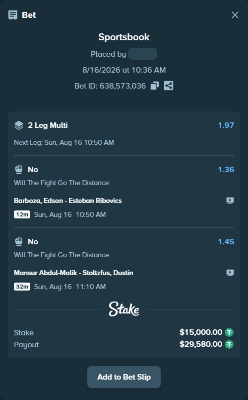 Bet slip: Barboza, Edson - Esteban Ribovics, $15,015.00 stake at 1.36 odds, placed by Davidbushel1