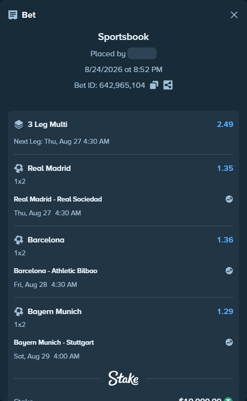 Bet slip: Barcelona - Athletic Bilbao, $10,000.00 stake at 1.36 odds, placed by Maxprof