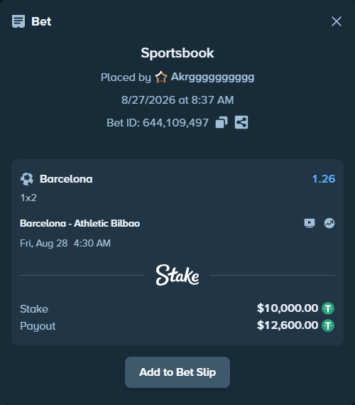 Bet slip: Barcelona - Athletic Bilbao, $10,000.00 stake at 1.26 odds, placed by Akrgggggggggg