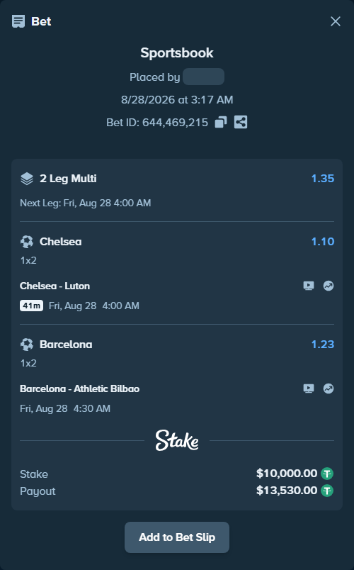 Bet slip: Barcelona - Athletic Bilbao, $10,000.00 stake at 1.23 odds, placed by rasulovm