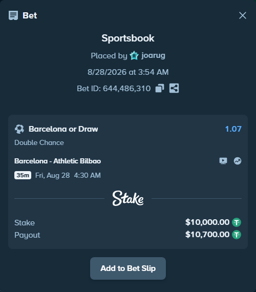 Bet slip: Barcelona - Athletic Bilbao, $10,000.00 stake at 1.07 odds, placed by joarug