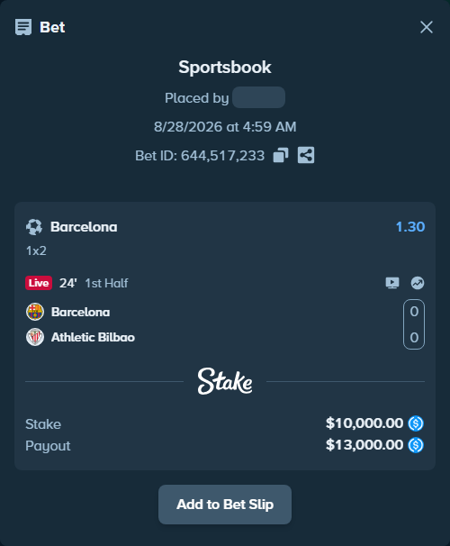 Bet slip: Barcelona - Athletic Bilbao, $10,000.00 stake at 1.30 odds, placed by Hoggtann