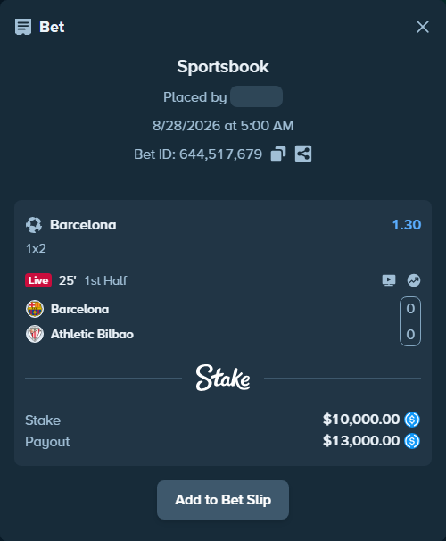 Bet slip: Barcelona - Athletic Bilbao, $10,000.00 stake at 1.30 odds, placed by MaryamRich