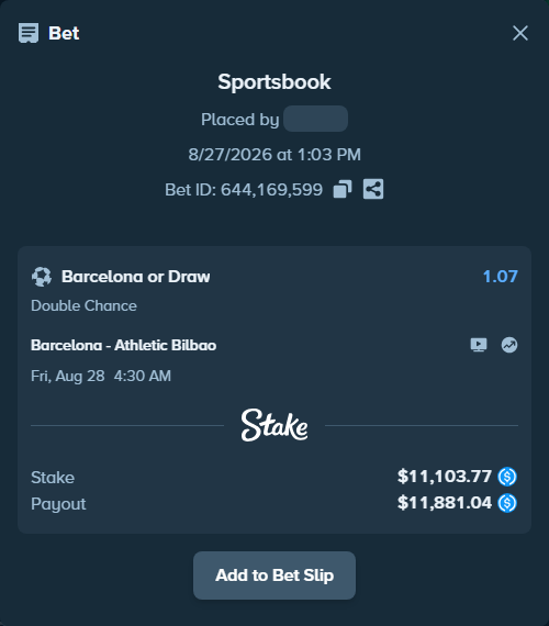 Bet slip: Barcelona - Athletic Bilbao, $11,103.77 stake at 1.07 odds, placed by lightsum