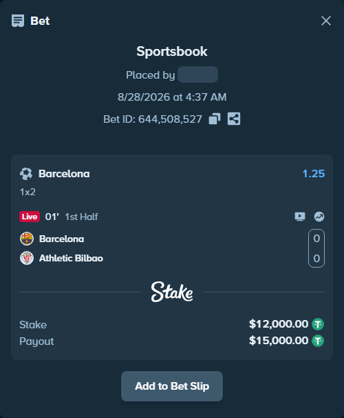 Bet slip: Barcelona - Athletic Bilbao, $12,000.00 stake at 1.25 odds, placed by opelphinex