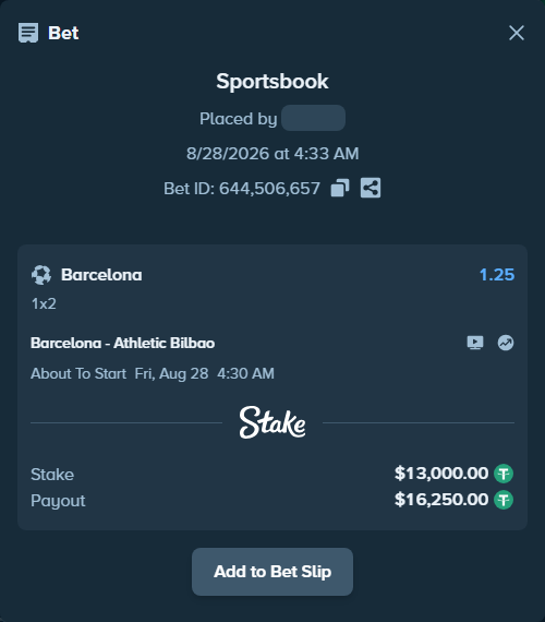 Bet slip: Barcelona - Athletic Bilbao, $13,000.00 stake at 1.25 odds, placed by Petter921