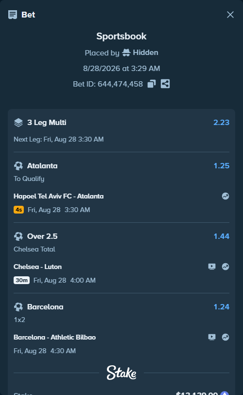 Bet slip: Barcelona - Athletic Bilbao, $13,156.96 stake at 1.24 odds, placed by Hidden