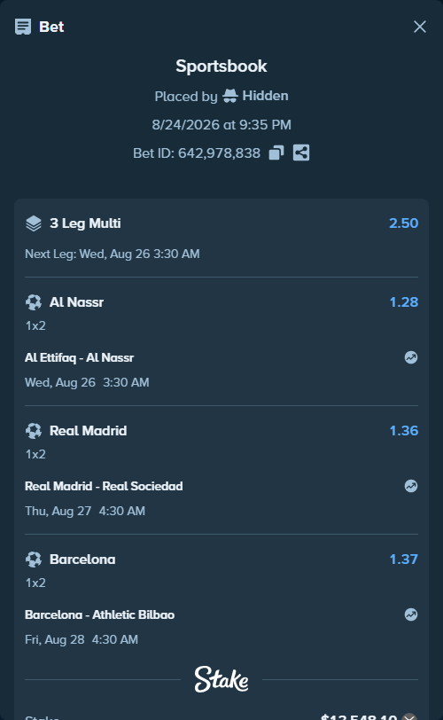 Bet slip: Barcelona - Athletic Bilbao, $13,500.00 stake at 1.37 odds, placed by Hidden
