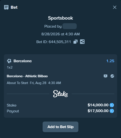 Bet slip: Barcelona - Athletic Bilbao, $14,000.00 stake at 1.25 odds, placed by Armo098