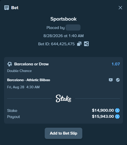 Bet slip: Barcelona - Athletic Bilbao, $14,900.00 stake at 1.07 odds, placed by Caryl4uu