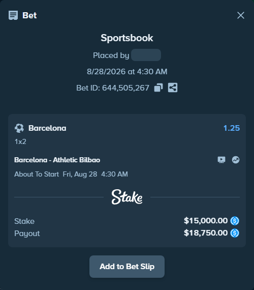 Bet slip: Barcelona - Athletic Bilbao, $15,000.00 stake at 1.25 odds, placed by Musington