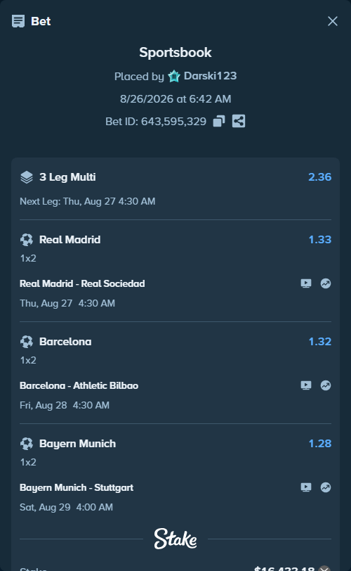 Bet slip: Barcelona - Athletic Bilbao, $15,679.42 stake at 1.32 odds, placed by Darski123