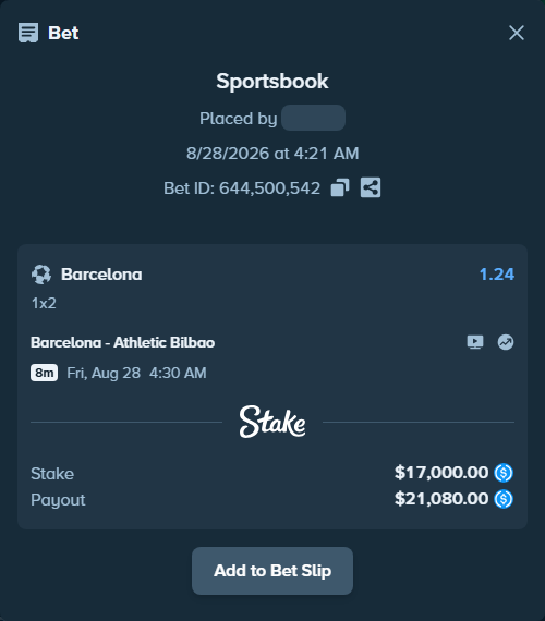 Bet slip: Barcelona - Athletic Bilbao, $17,000.00 stake at 1.24 odds, placed by Duretil05