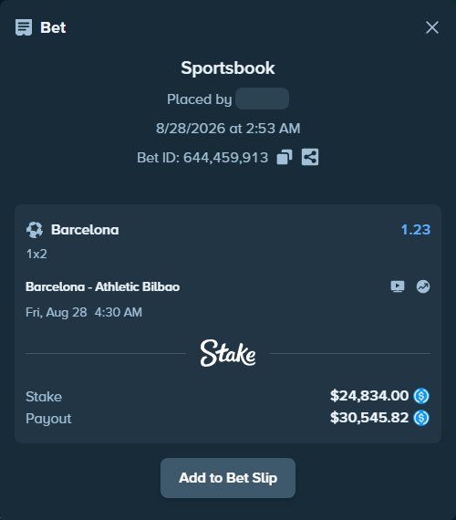 Bet slip: Barcelona - Athletic Bilbao, $24,834.00 stake at 1.23 odds, placed by orageq76