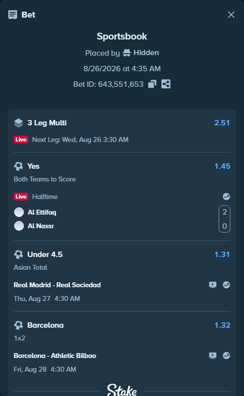 Bet slip: Barcelona - Athletic Bilbao, $26,790.00 stake at 1.32 odds, placed by Hidden