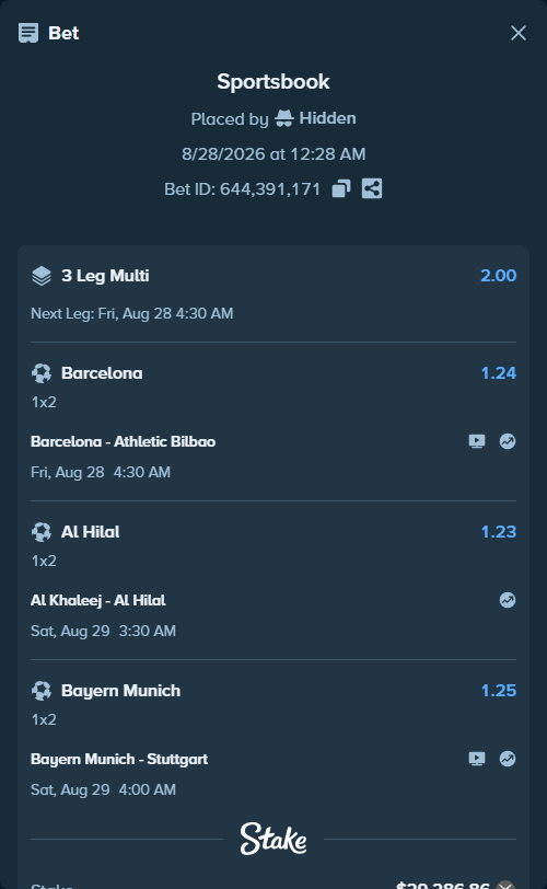 Bet slip: Barcelona - Athletic Bilbao, $27,600.00 stake at 1.24 odds, placed by Hidden
