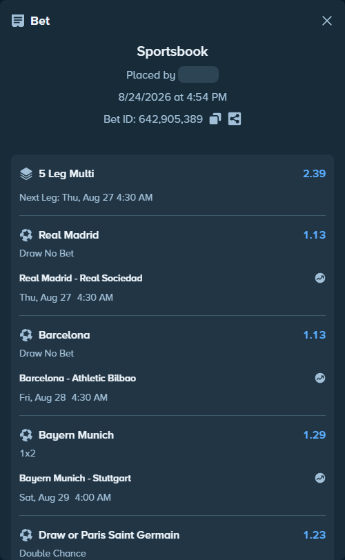 Bet slip: Barcelona - Athletic Bilbao, $30,000.00 stake at 1.13 odds, placed by Haliasovskyi