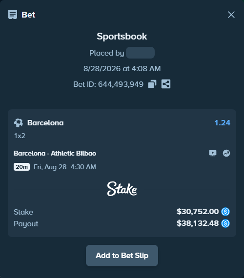 Bet slip: Barcelona - Athletic Bilbao, $30,752.00 stake at 1.24 odds, placed by reggieewellq