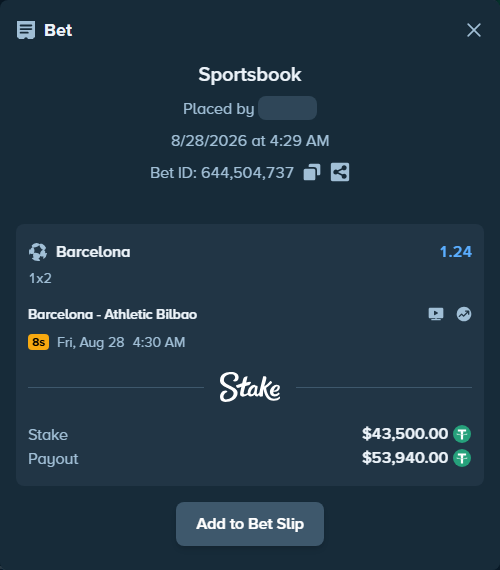Bet slip: Barcelona - Athletic Bilbao, $43,500.00 stake at 1.24 odds, placed by winnirium228