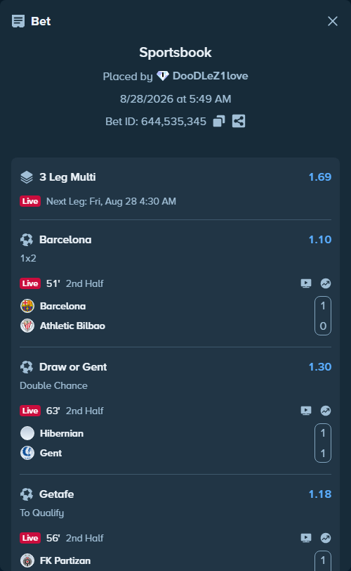 Bet slip: Barcelona - Athletic Bilbao, $50,035.00 stake at 1.10 odds, placed by DooDLeZ1love