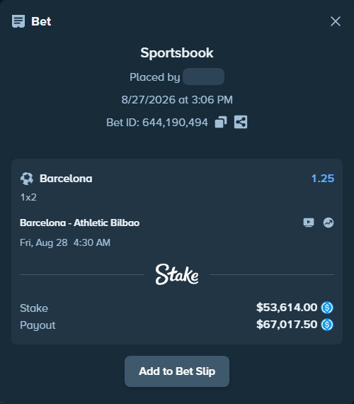 Bet slip: Barcelona - Athletic Bilbao, $53,614.00 stake at 1.25 odds, placed by bappuji668