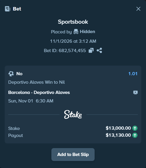 Bet slip: Barcelona - Deportivo Alaves, $13,013.00 stake at 1.01 odds, placed by pifkopriss