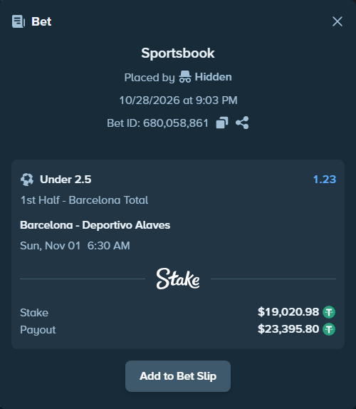 Bet slip: Barcelona - Deportivo Alaves, $19,040.00 stake at 1.23 odds, placed by Hidden
