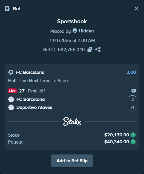 Bet slip: Barcelona - Deportivo Alaves, $20,170.00 stake at 2.00 odds, placed by ArdianHertica