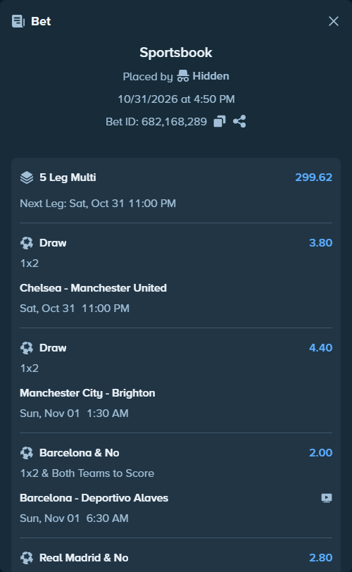 Bet slip: Barcelona - Deportivo Alaves, $25,000.00 stake at 2.00 odds, placed by Hidden