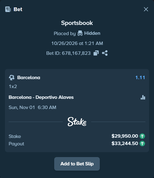 Bet slip: Barcelona - Deportivo Alaves, $29,979.95 stake at 1.11 odds, placed by Hidden