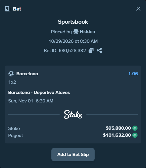 Bet slip: Barcelona - Deportivo Alaves, $95,975.88 stake at 1.06 odds, placed by Hidden