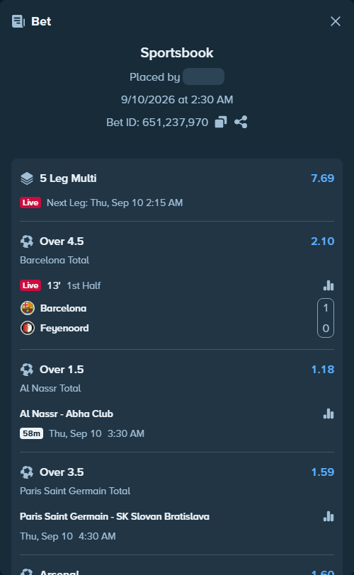 Bet slip: Barcelona - Feyenoord, $10,000.00 stake at 2.10 odds, placed by Seedorf4321