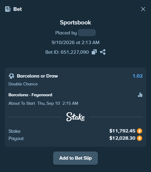 Bet slip: Barcelona - Feyenoord, $11,742.75 stake at 1.02 odds, placed by VictorValeriu