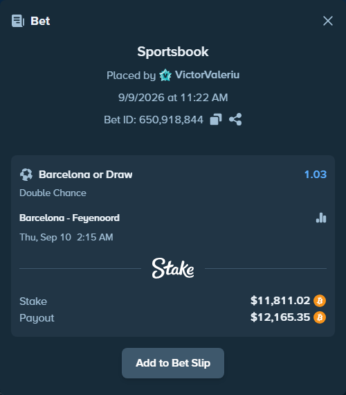 Bet slip: Barcelona - Feyenoord, $11,911.20 stake at 1.03 odds, placed by VictorValeriu
