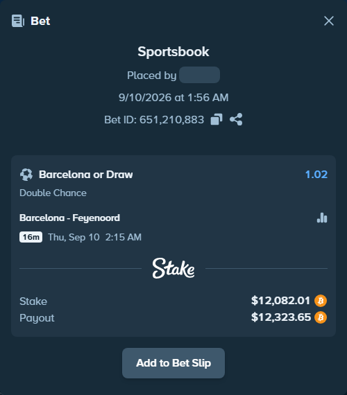 Bet slip: Barcelona - Feyenoord, $12,034.76 stake at 1.02 odds, placed by megah29