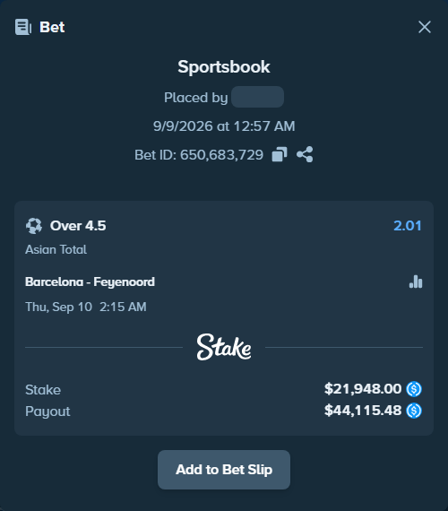 Bet slip: Barcelona - Feyenoord, $21,948.00 stake at 2.01 odds, placed by heima01