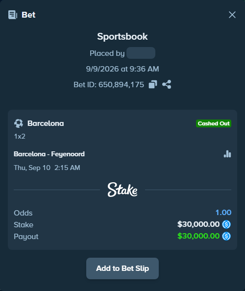 Bet slip: Barcelona - Feyenoord, $30,000.00 stake at 1.09 odds, placed by hagrid17