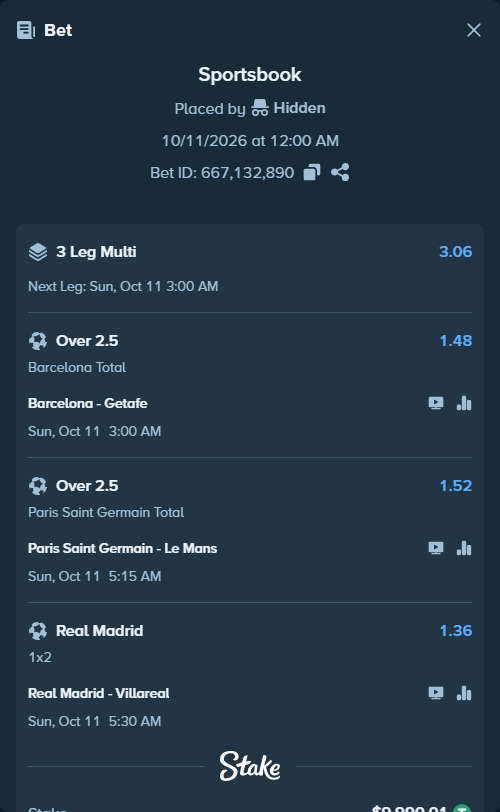 Bet slip: Barcelona - Getafe, $10,000.00 stake at 1.48 odds, placed by Paata09