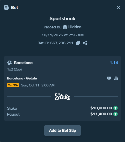 Bet slip: Barcelona - Getafe, $10,010.00 stake at 1.14 odds, placed by joarug