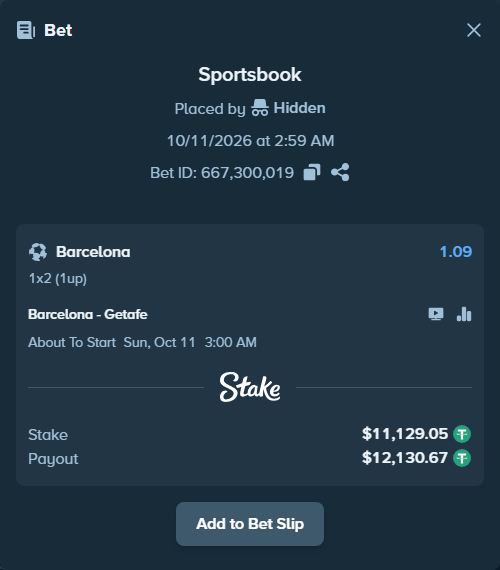 Bet slip: Barcelona - Getafe, $11,140.18 stake at 1.09 odds, placed by Martini111