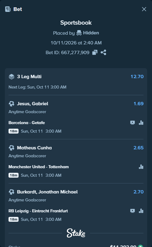 Bet slip: Barcelona - Getafe, $11,214.20 stake at 1.69 odds, placed by tqiforcat