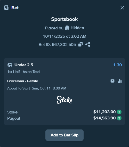 Bet slip: Barcelona - Getafe, $11,214.20 stake at 1.30 odds, placed by Adrenaline77